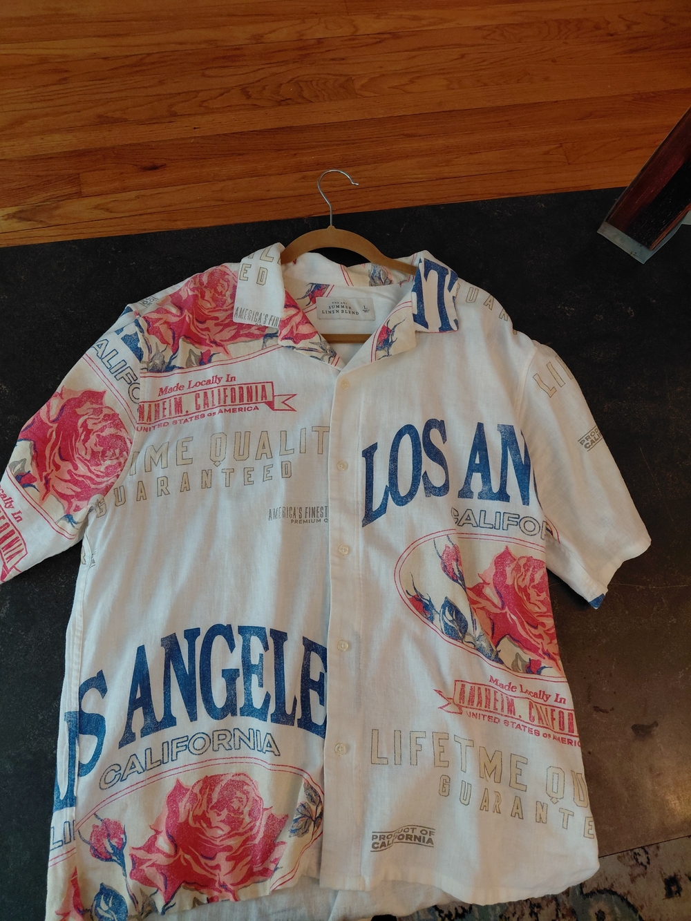 Abercrombie & Fitch White Button-Down with Blue Text and Pink Floral Print